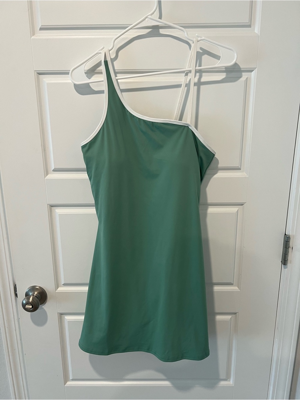Asymmetrical One-Shoulder Green Dress with White Trim